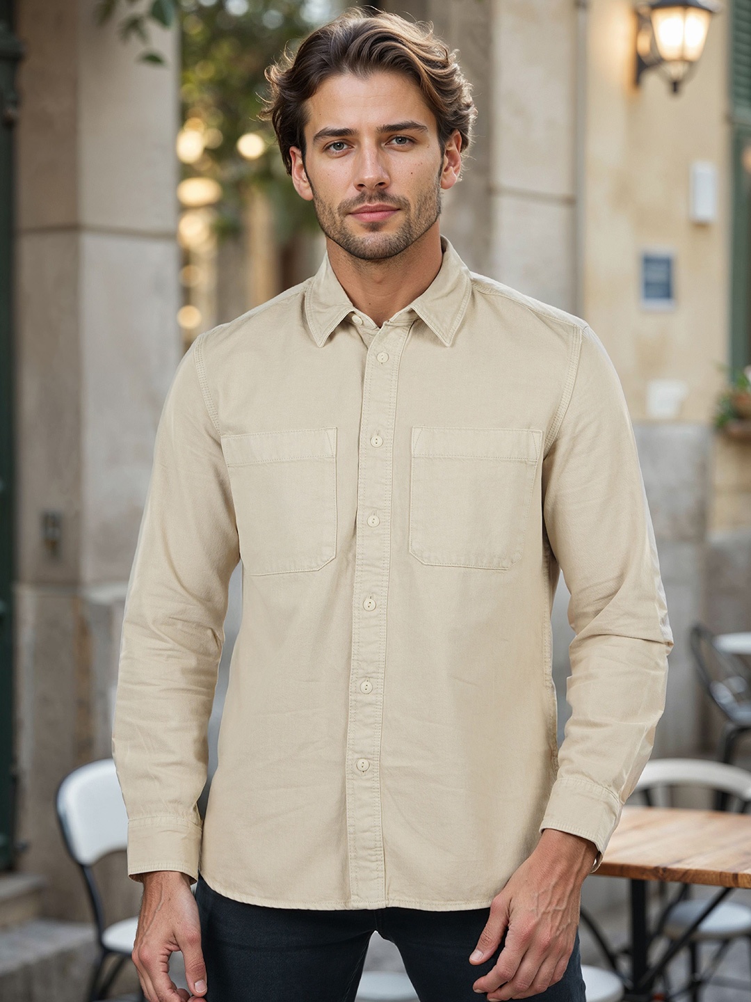 

Celio Men Classic Fit Spread Collar Solid Cotton Casual Shirt, Beige