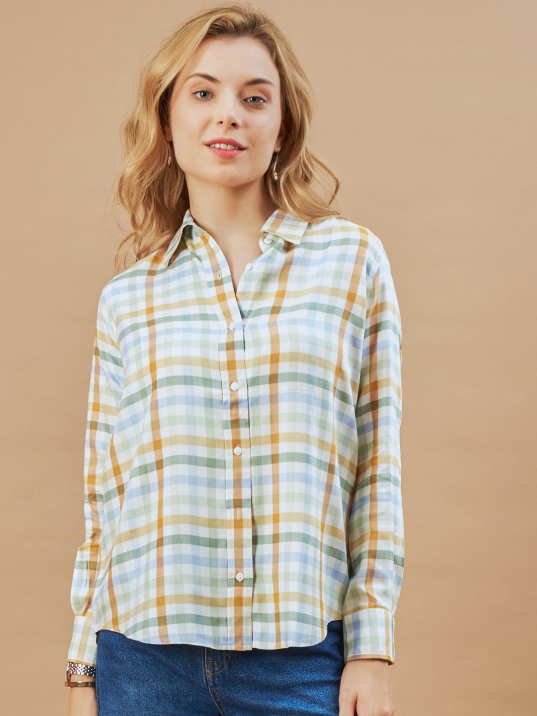 

Gazillion Women Original Relaxed Fit Spread Collar Grid Tattersall Checked Casual Shirt, Off white