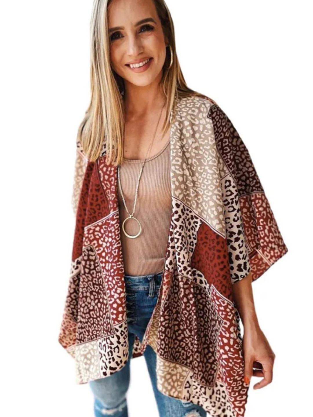 

ANGEL CROSHET Leopard Colourblocked Open Front Kimono, Red