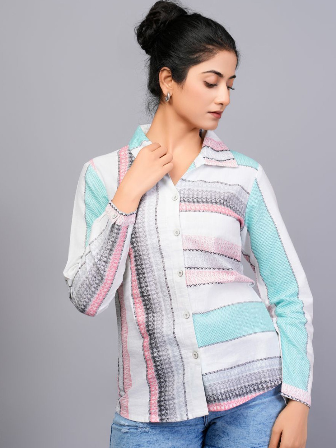 

Kaftanize Women Comfort Fit Spread Collar Multi Striped Cotton Casual Shirt, White