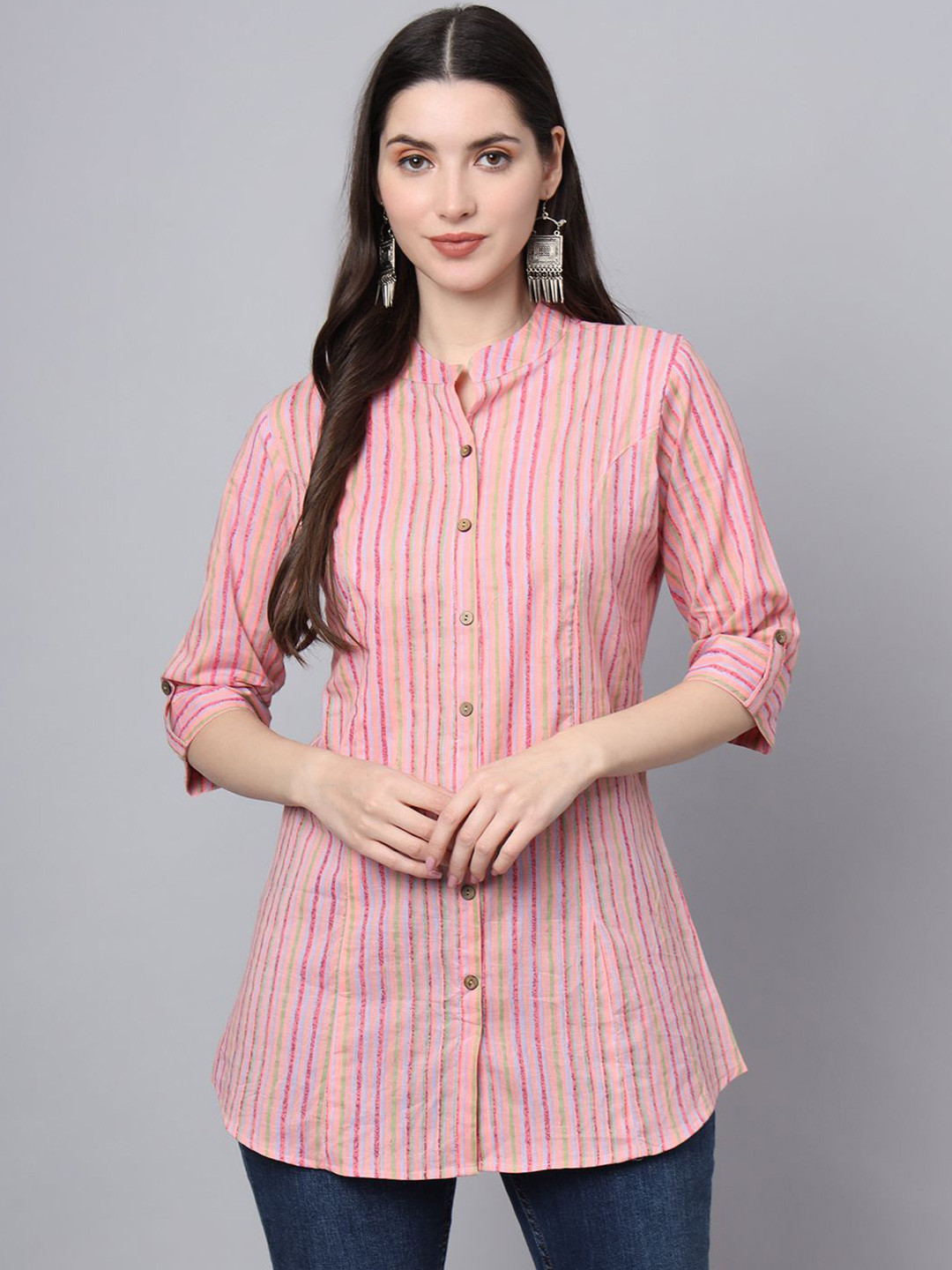 

BAESD Women Floral Print Mandarin Collar Roll-Up Sleeves Cotton Shirt Style Top, Pink