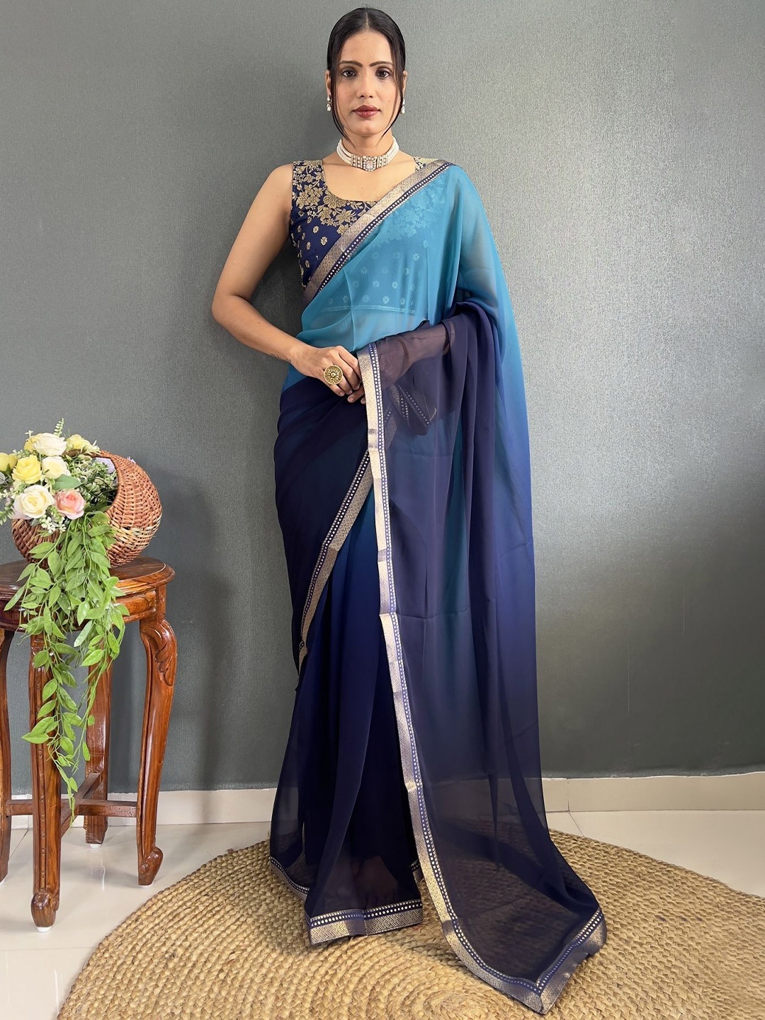 

A TO Z CART Ombre Dyed Sequinned Pure Georgette Saree, Turquoise blue