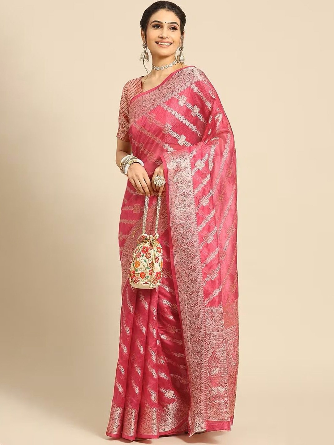 

Melok Woven Design Zari Organza Banarasi Saree, Pink