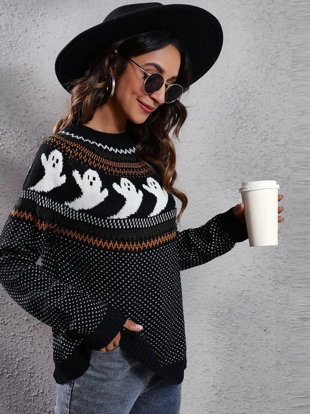 

Oh Rare Women Acrylic Self Design Pullover, Black