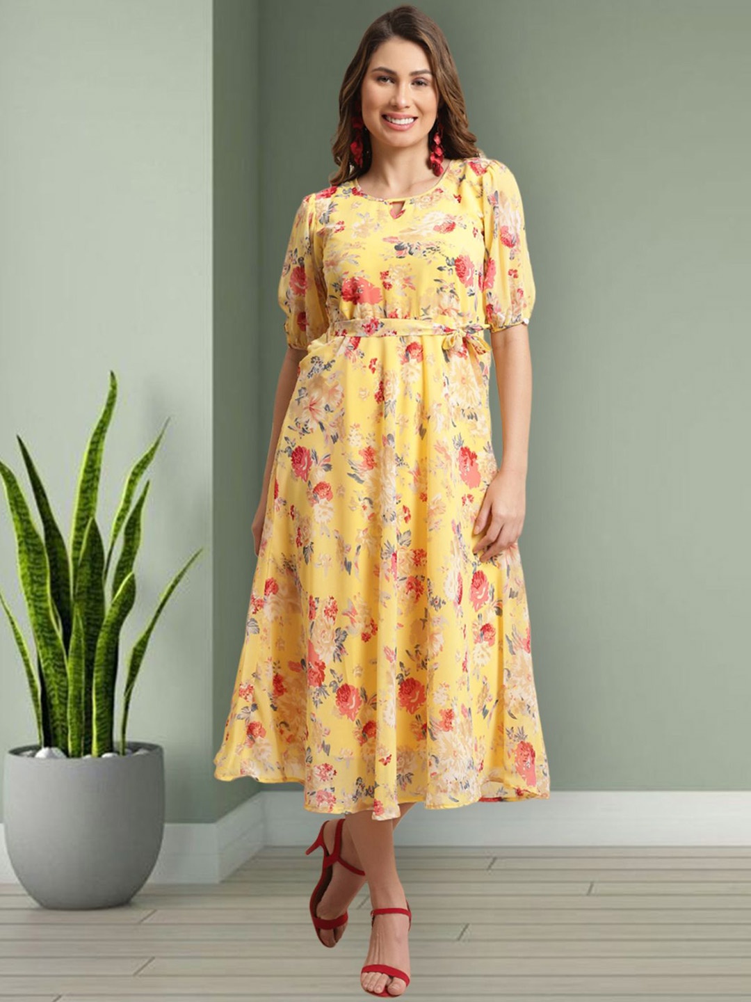 

Mast & Harbour Women Floral Printed Puff Sleeve Layered Flared Fit & Flare Midi Dress, Yellow