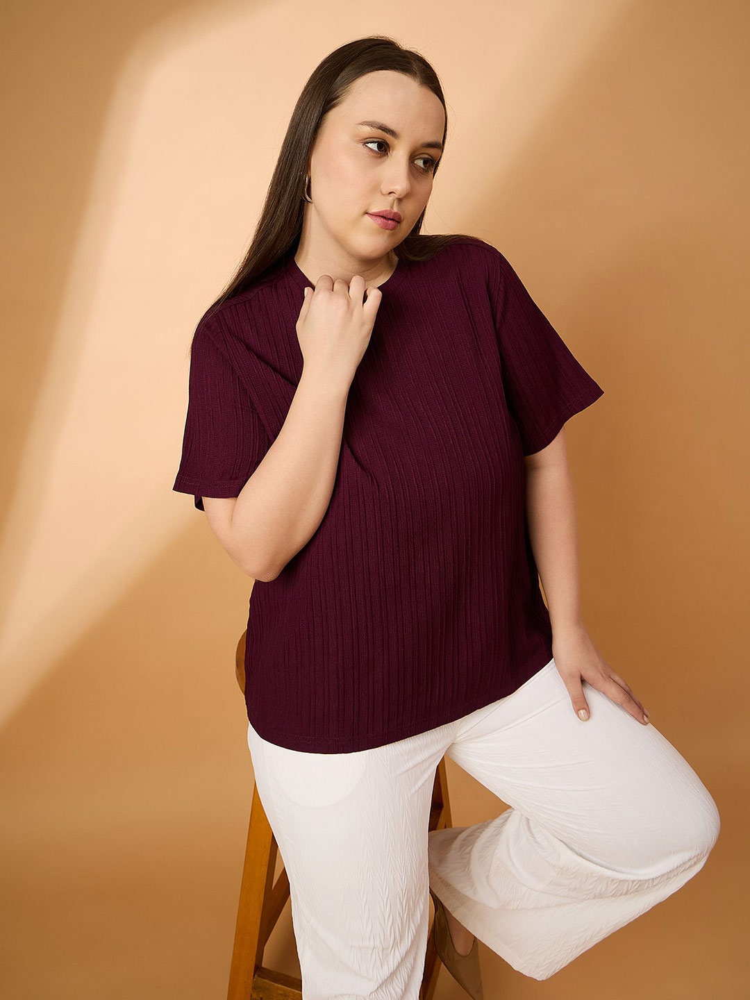 

all about you Plus Size Striped Round Neck Top, Burgundy