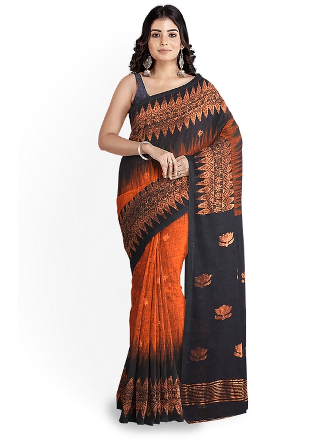 

A TO Z CART Ethnic Motifs Zari Pure Silk Saree, Orange