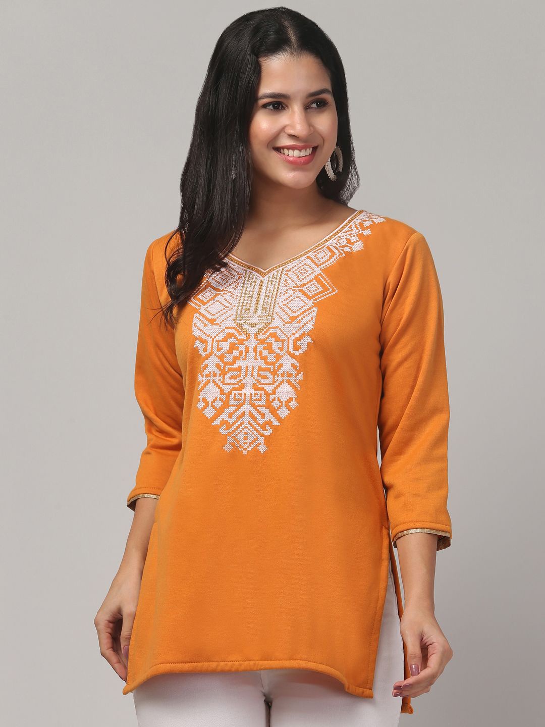 

STYLE PREZONE Women Geometric Embroidered Kurti, Mustard