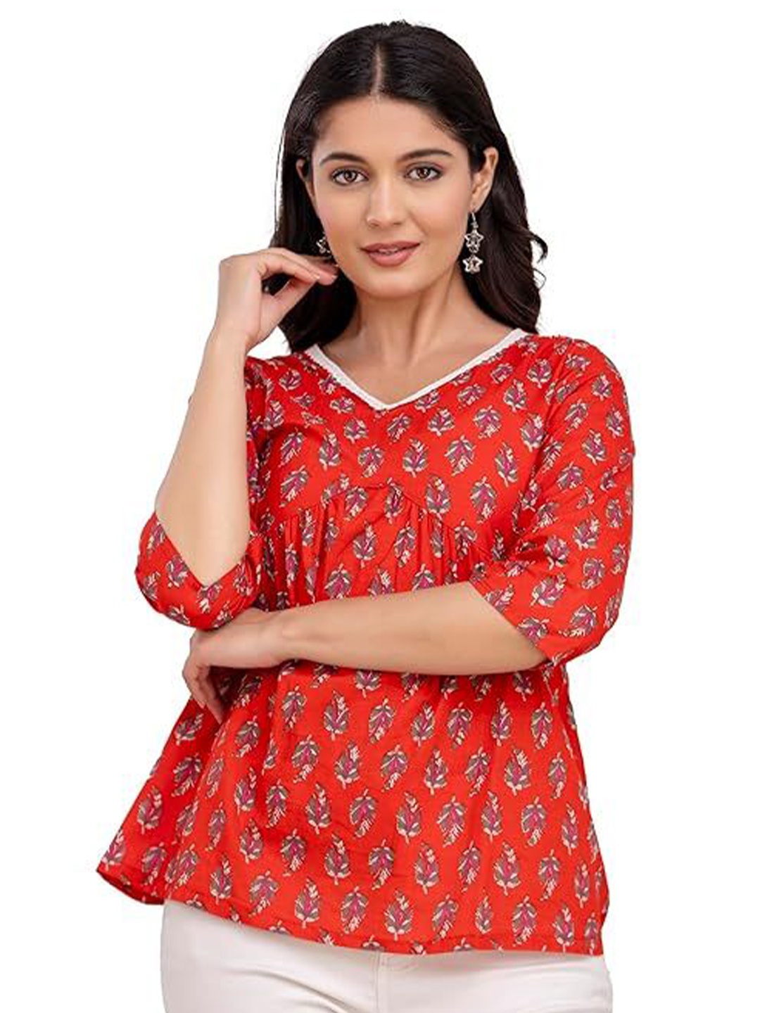 

Madnoo Women Floral Printed V-Neck Cotton Empire Top, Red