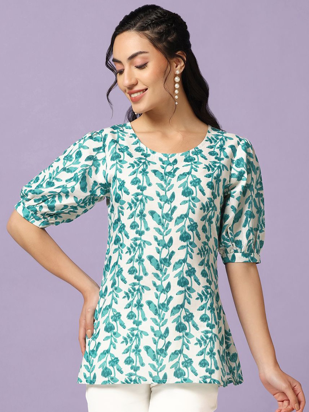 

Moda Rapido Floral Print Puff Sleeve Top, Teal