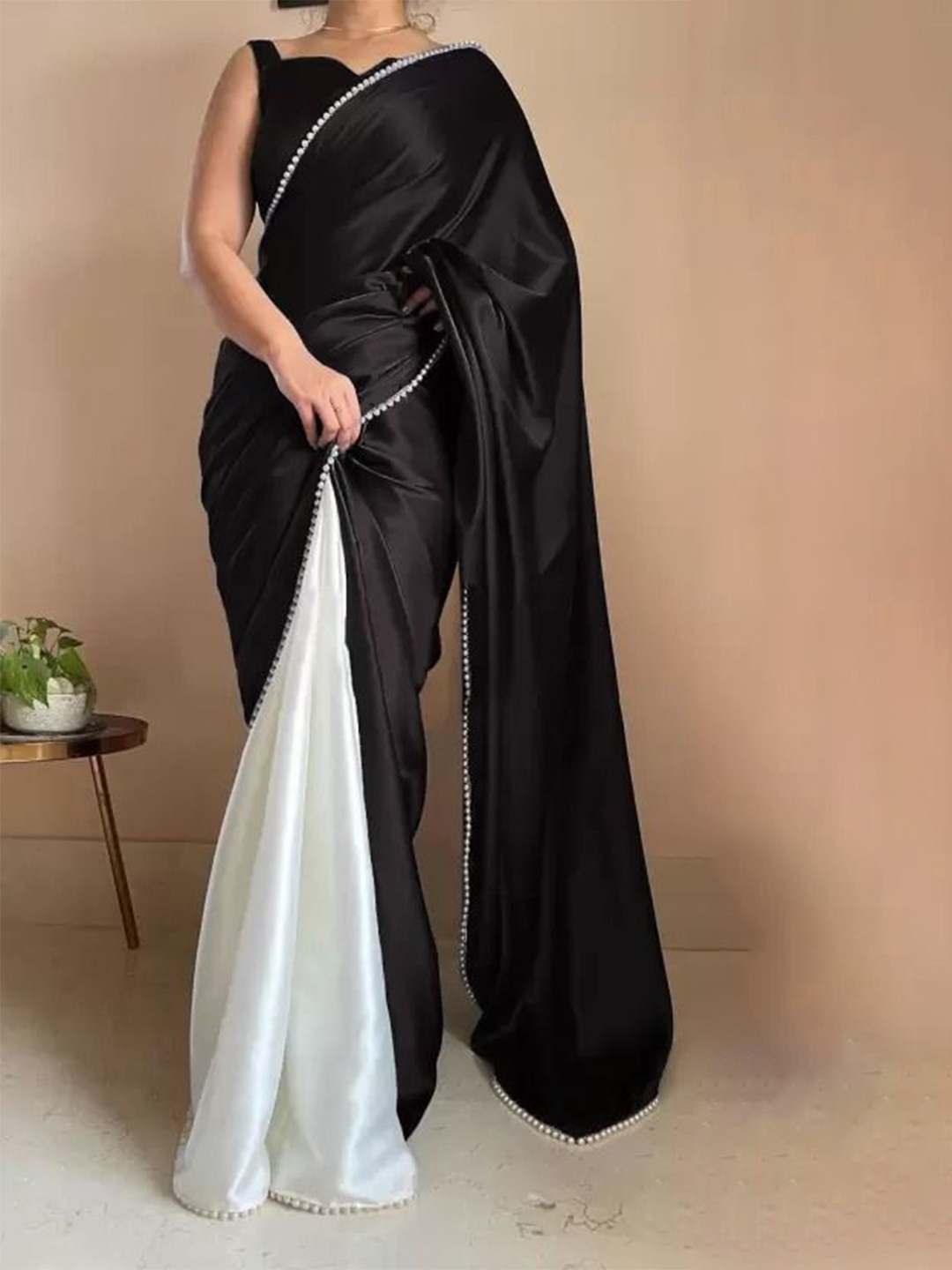 

SAADHVI Colourblocked Satin Half and Half Saree, Black