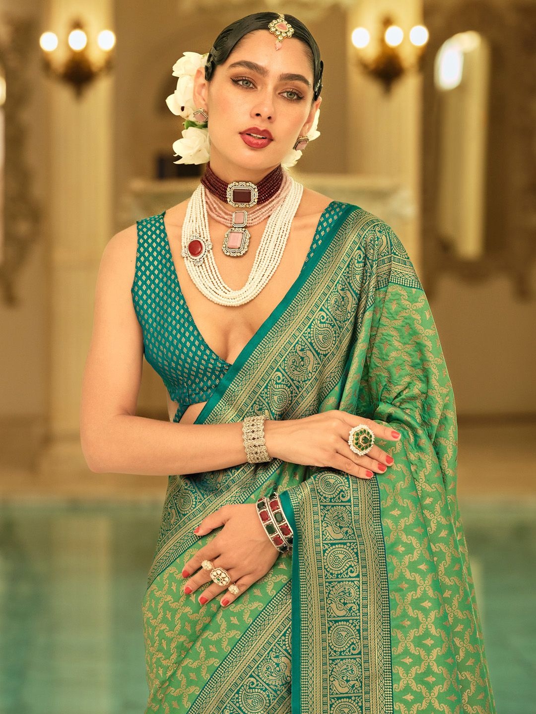 

Anouk Woven Design Zari Kanjeevaram Saree, Green