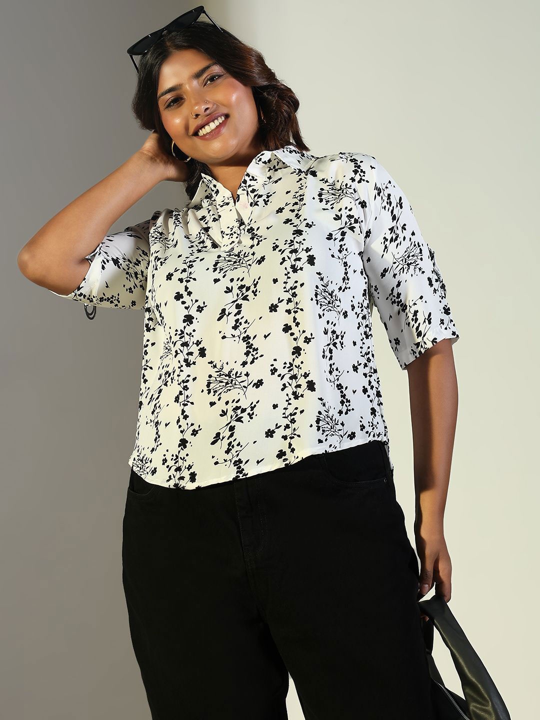 

SHOWOFF Women Floral Printed Shirt Collar High-Low Top, White