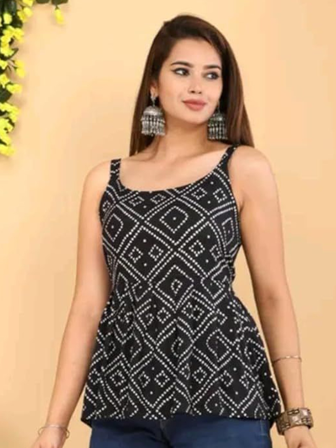 

Madnoo Women Ethnic Motifs Print Printed Peplum Top, Black