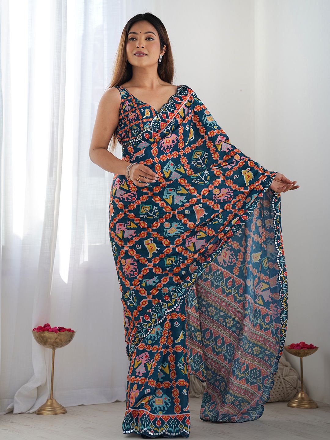 

Mitera Ethnic Motifs Printed Saree With Mirror Work, Teal