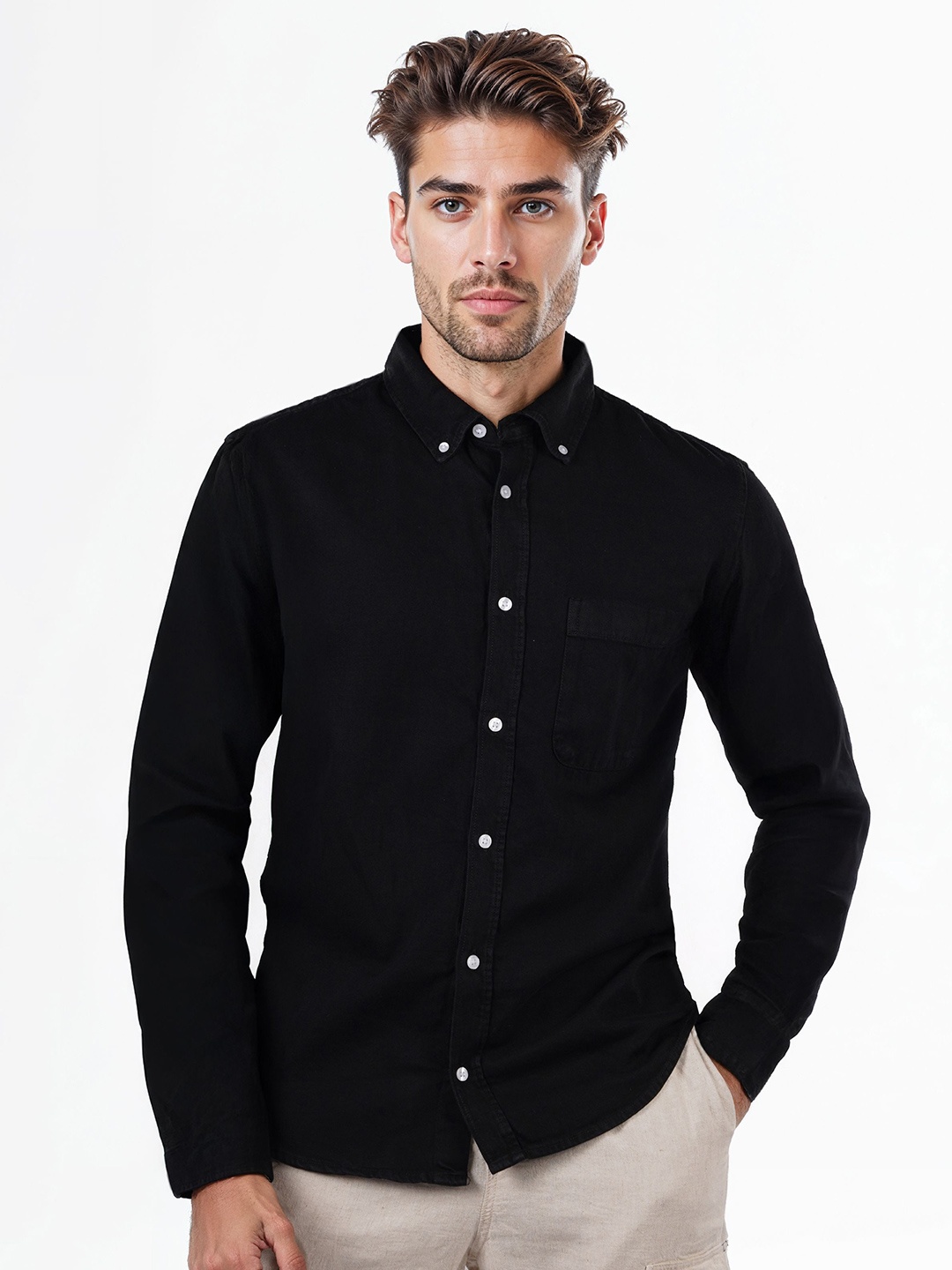 

Celio Men Classic Fit Button-Down Collar Solid Cotton Casual Shirt, Black