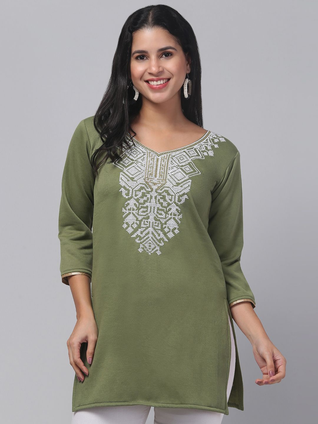 

STYLE PREZONE Women Geometric Embroidered Kurti, Olive