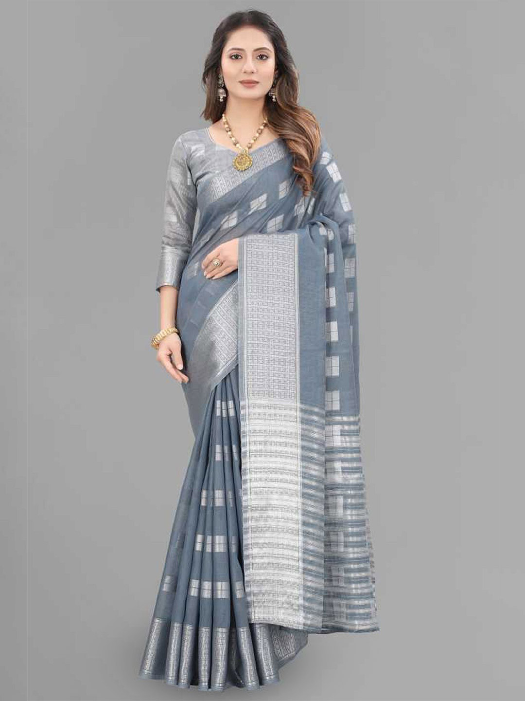 

A TO Z CART Woven Design Pure Linen Saree, Grey