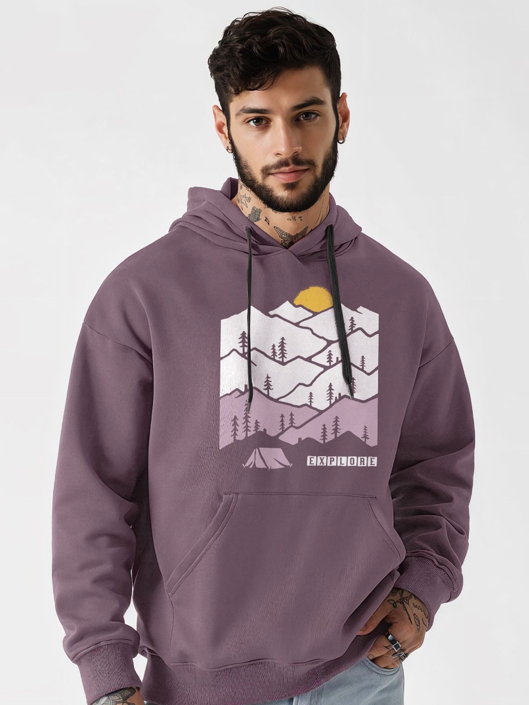 

Crazymonk Men Explore Oversized Printed Cotton Hoodie Dull Wine, Brown