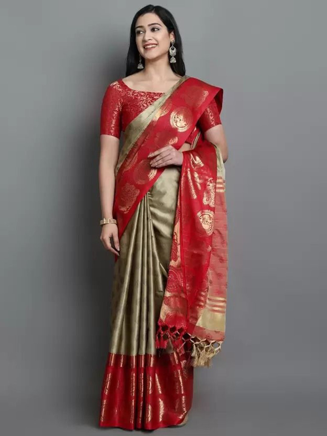 

SAADHVI Woven Design Zari Art Silk Saree, Red