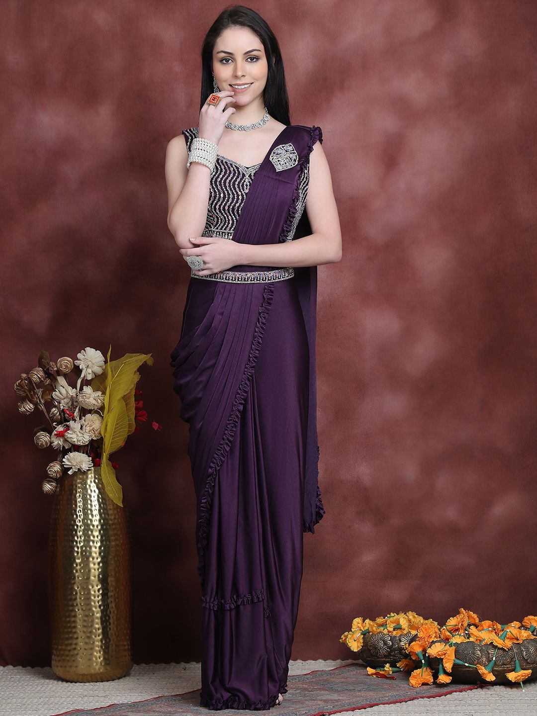 

Grancy Ruffled Ready to Wear Saree With Embellished Stitched Blouse, Purple