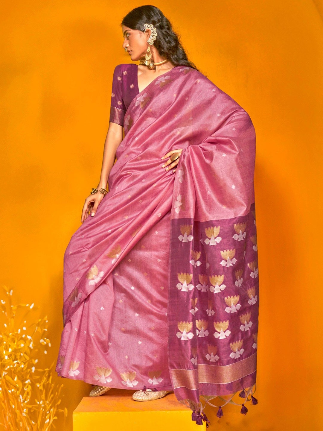 

MySilkLove Woven Design Zari Tussar Saree, Pink