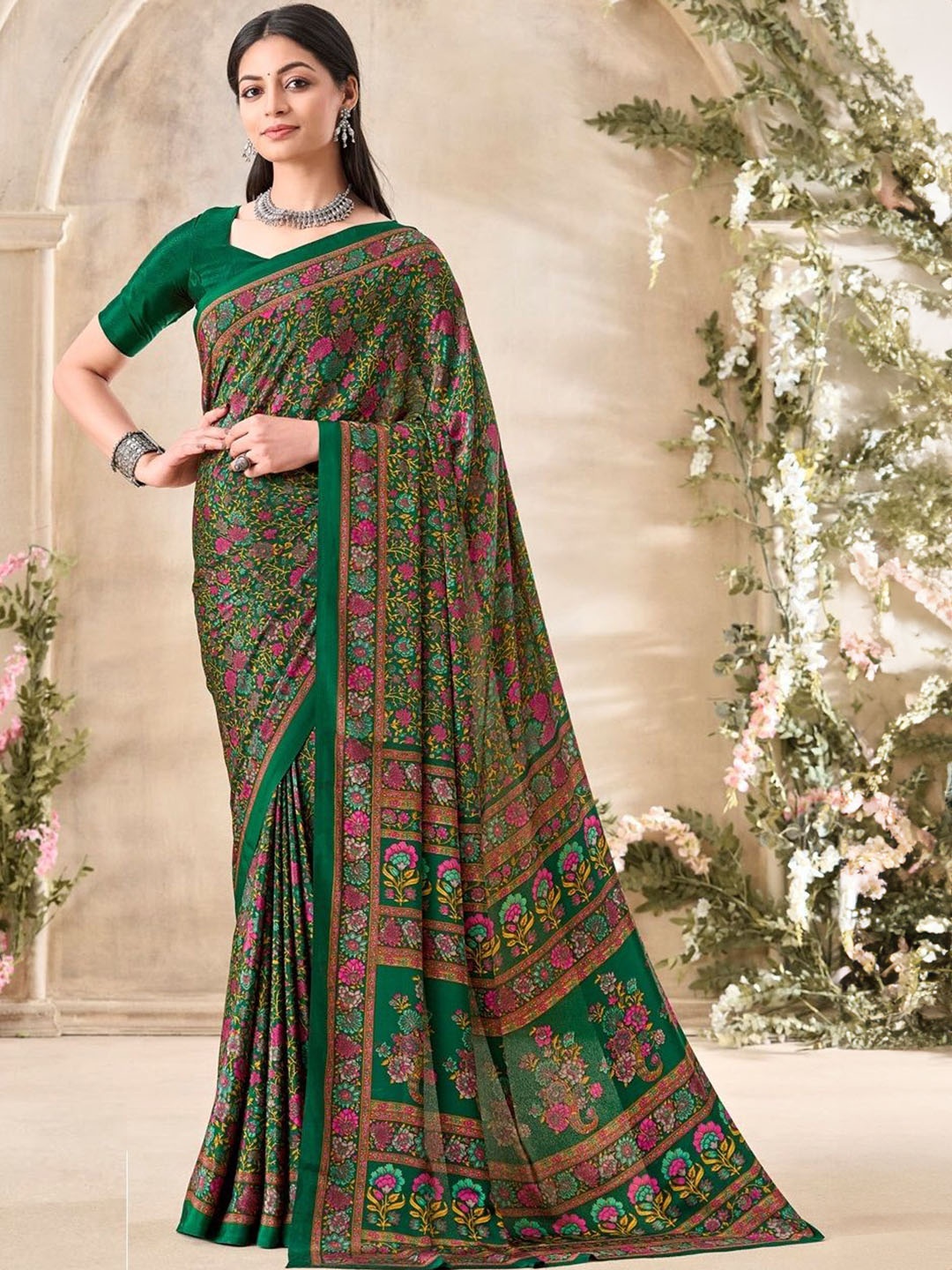 

DURGA EMPORIO Floral Pure Crepe Saree, Green