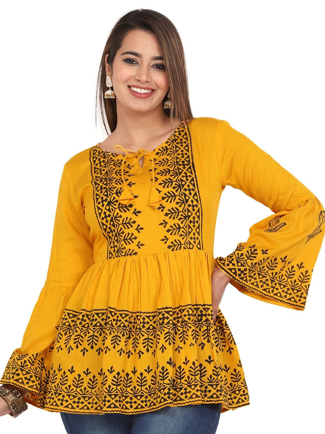 

PRIYAGANI GARMENTS Women Printed Bell Sleeves Longline Top, Mustard