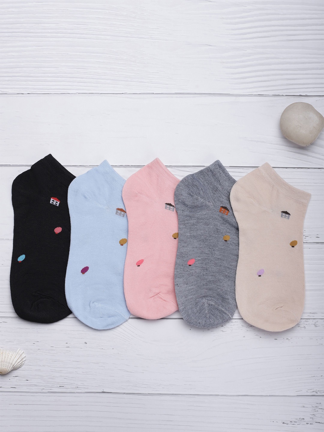 

KLIYARA Women Pack Of 5 Patterned Cotton Ankle -Length Socks, Blue