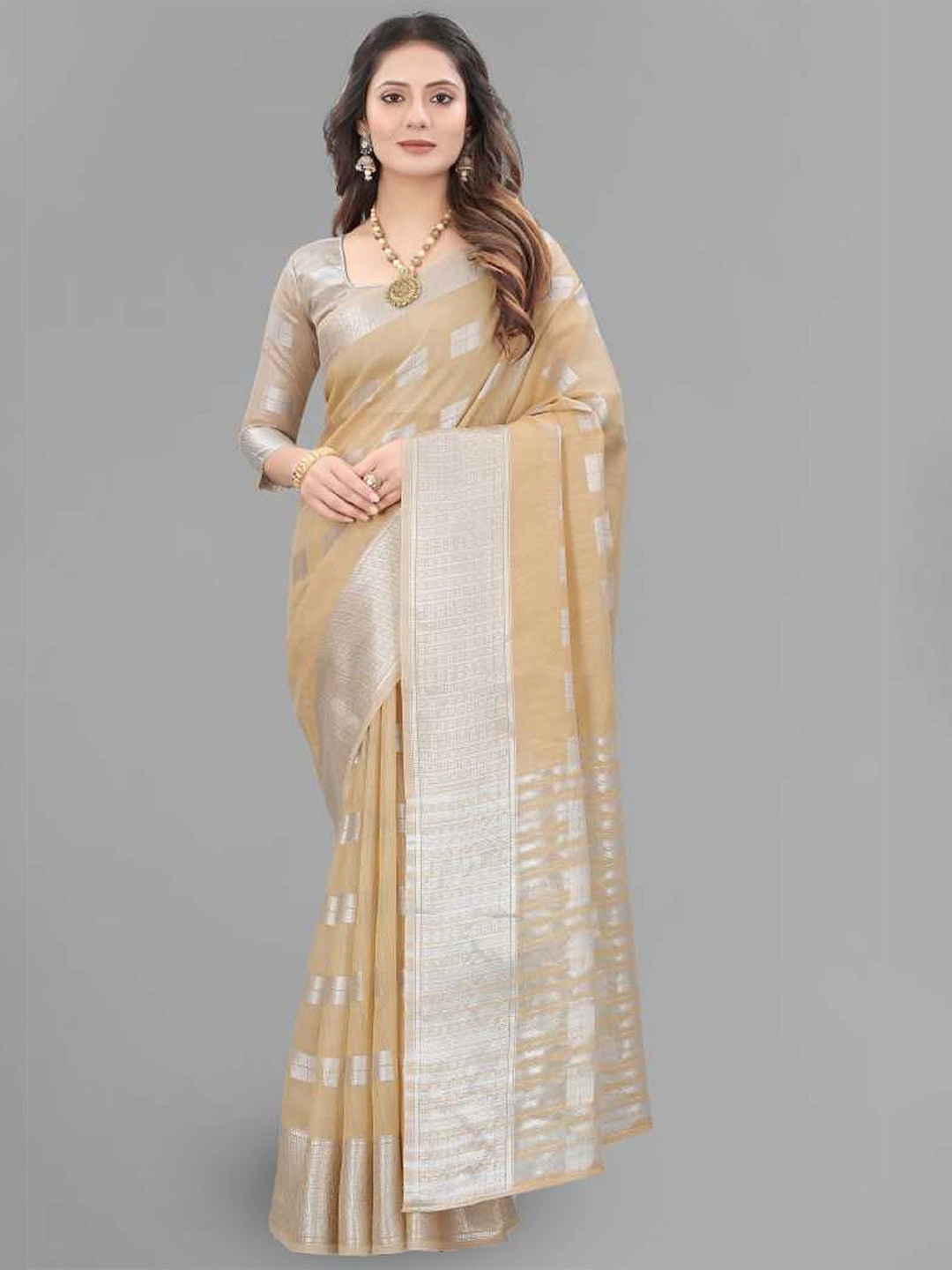 

A TO Z CART Woven Design Zari Pure Linen Saree, Brown