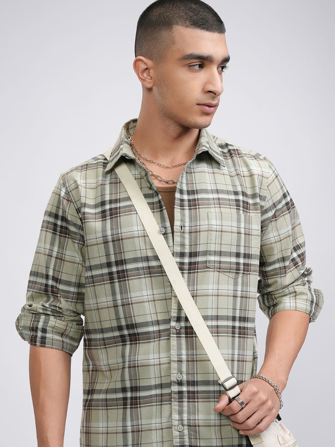 

HIGHLANDER Men Oxford Checked Casual Shirt, Green