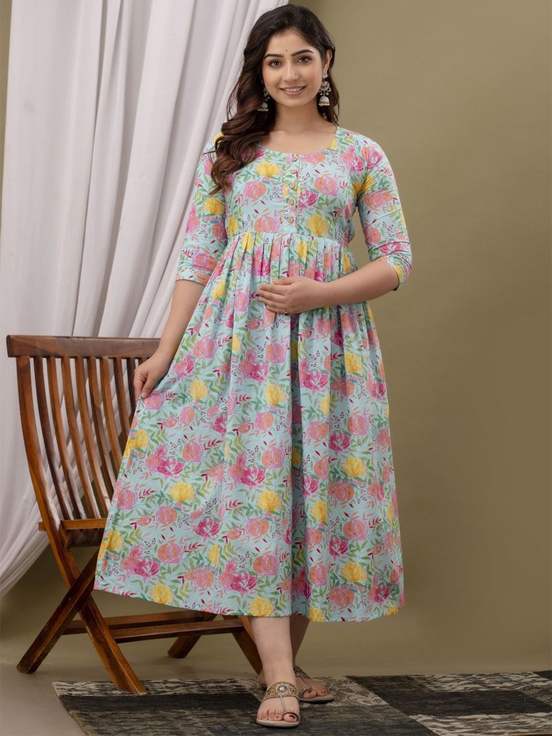 

Aasira Women Floral Printed Maternity Fit and Flare Midi Dress, Blue