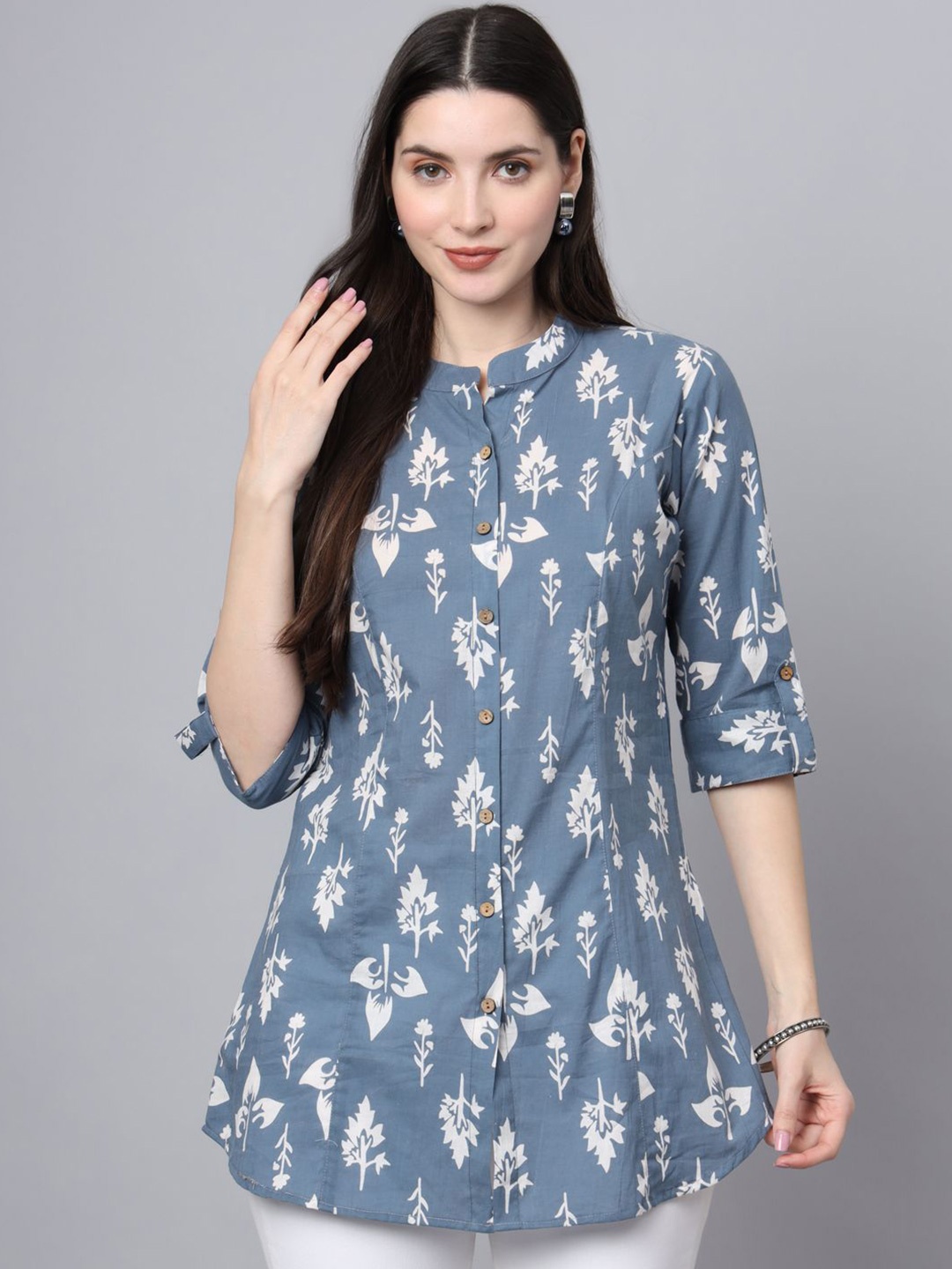 

BAESD Floral Print Mandarin Collar Roll-Up Sleeves Cotton A-line Top, Blue