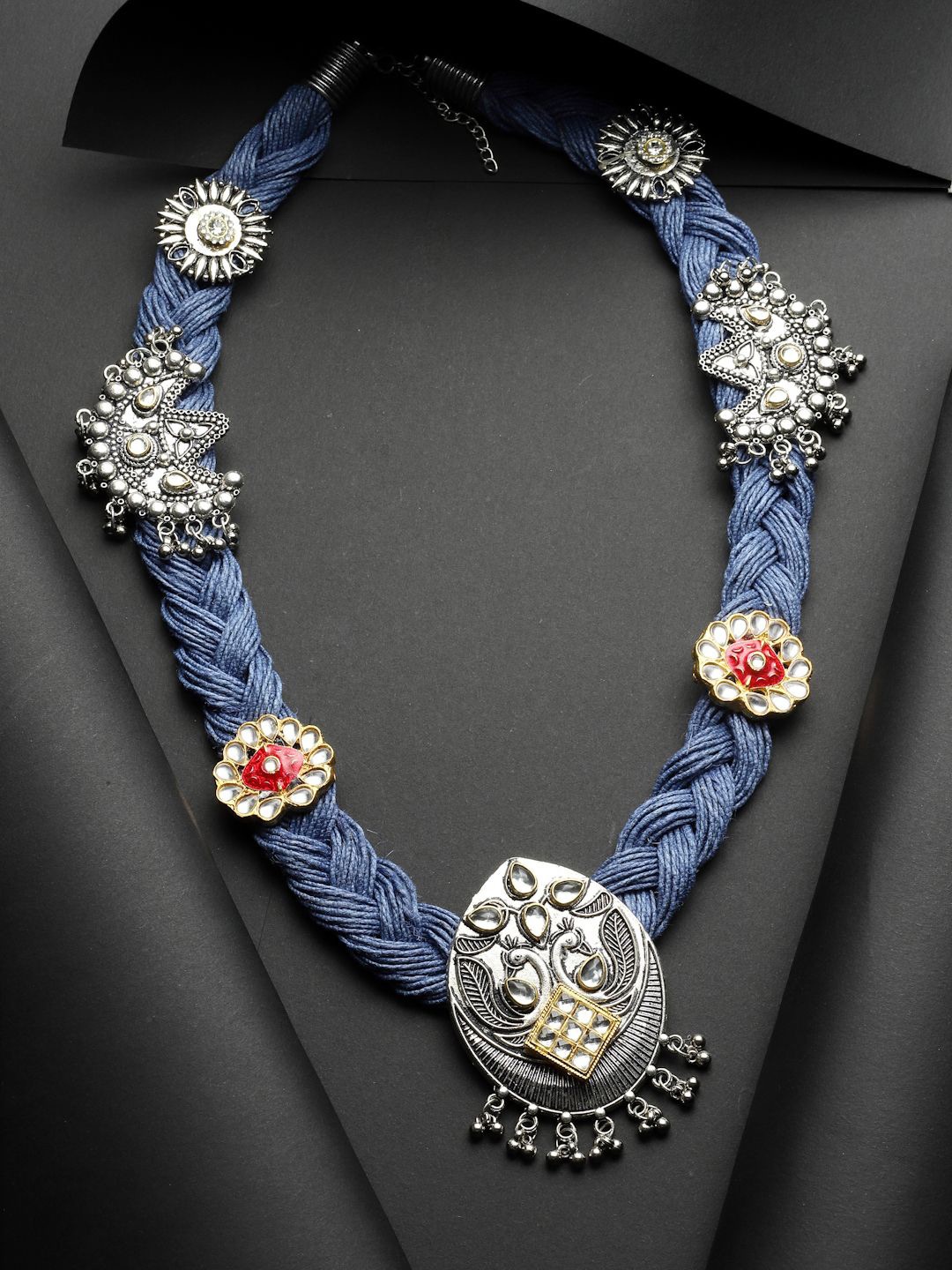 

Moedbuille Silver-Plated Kundan Stone Studded Antique Oxidised Bohemian Jute Necklace, Blue