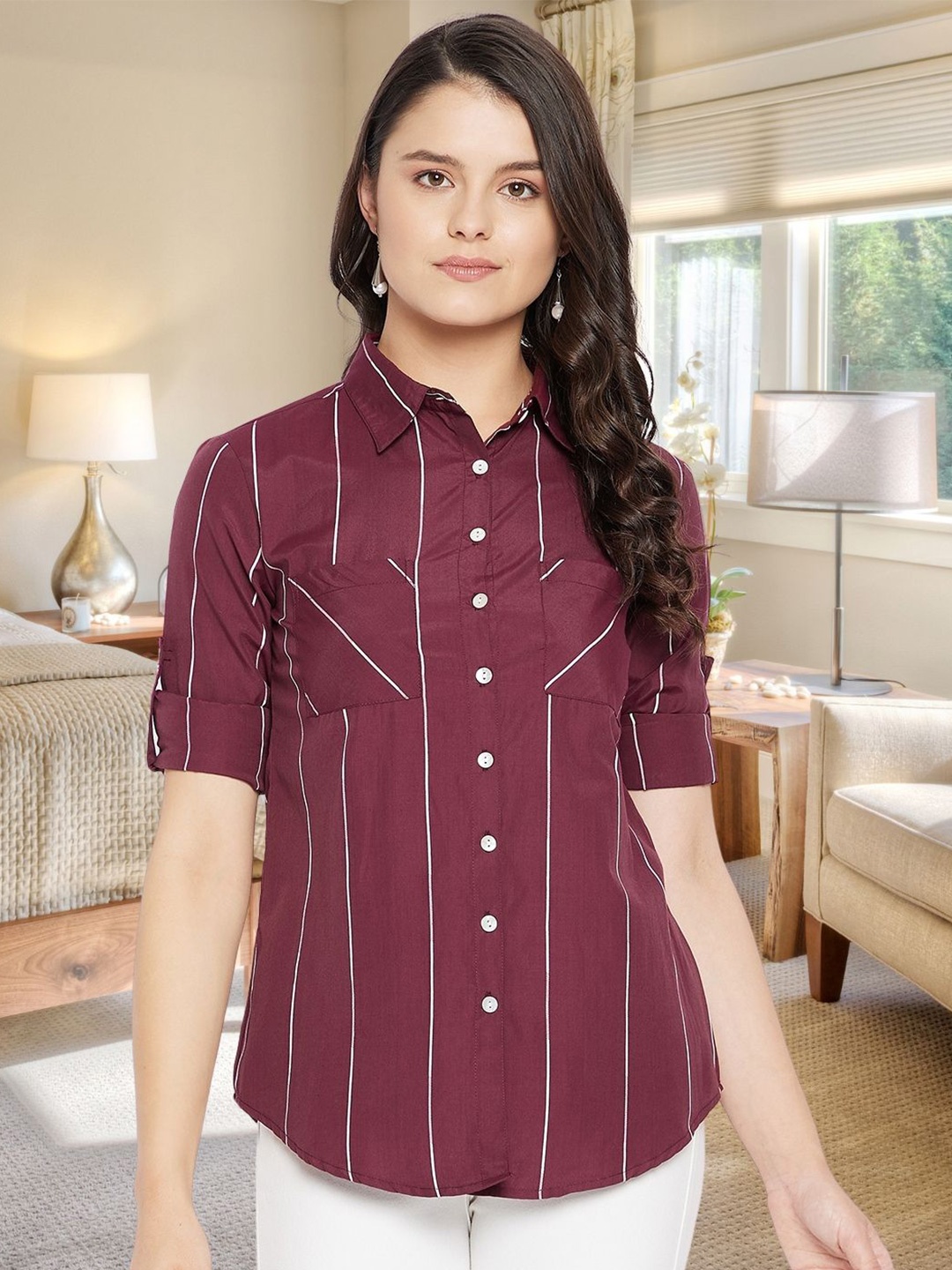 

DressBerry Women Classic Spread Collar Vertical Striped Cotton Casual Shirt, Burgundy