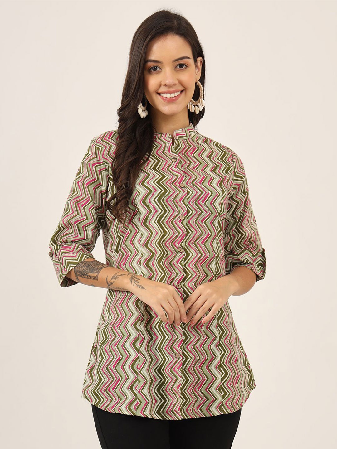 

BAESD Women Printed Mandarin Collar Roll-Up Sleeves Cotton Top, Beige
