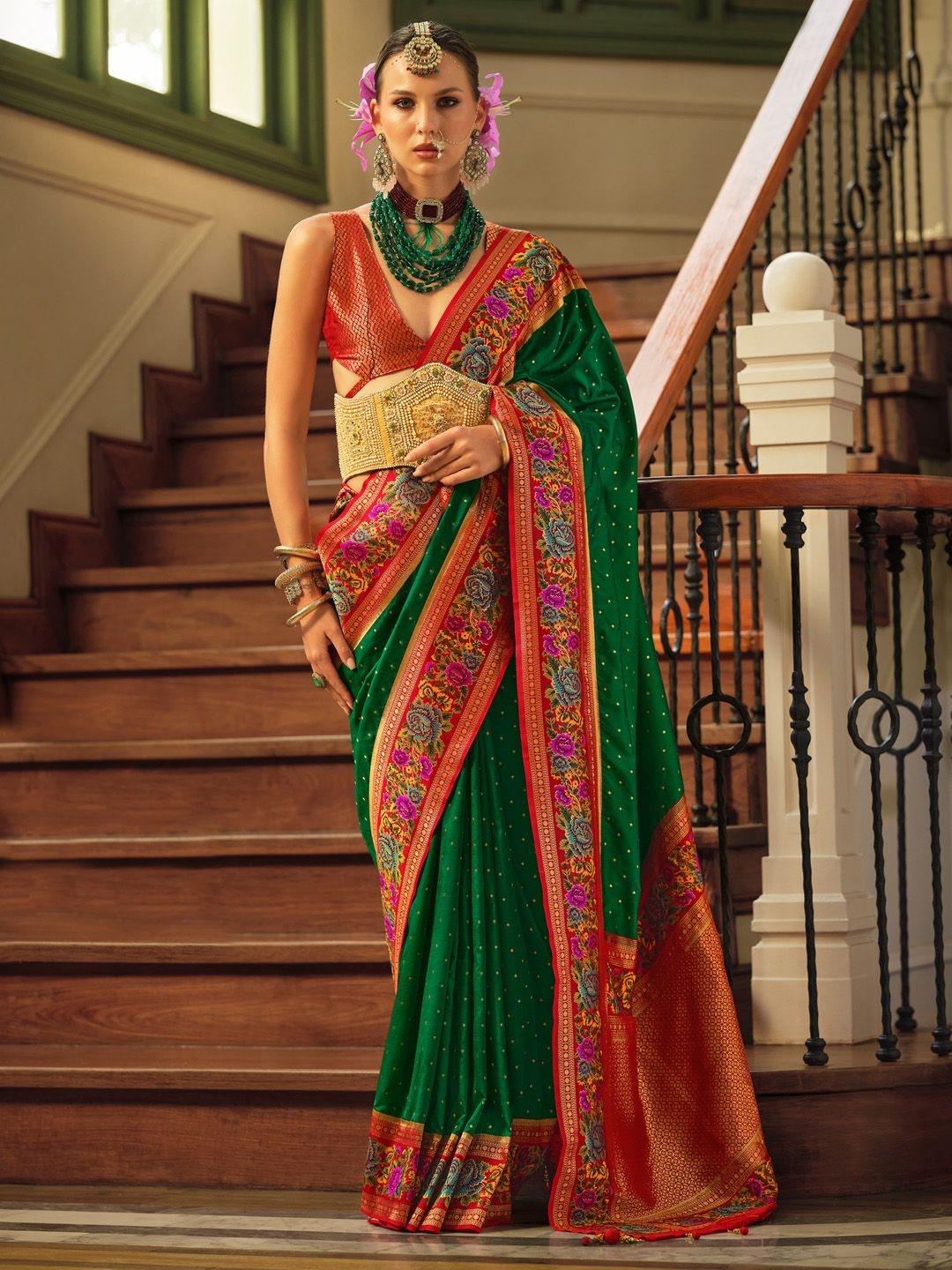 

Anouk Polka Dots Woven Design Zari Banarasi Saree, Green