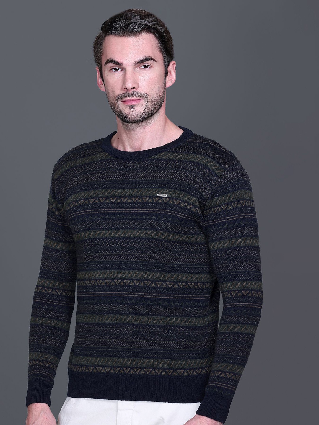 

GODFREY Men Striped Woollen Pullover Sweater, Navy blue