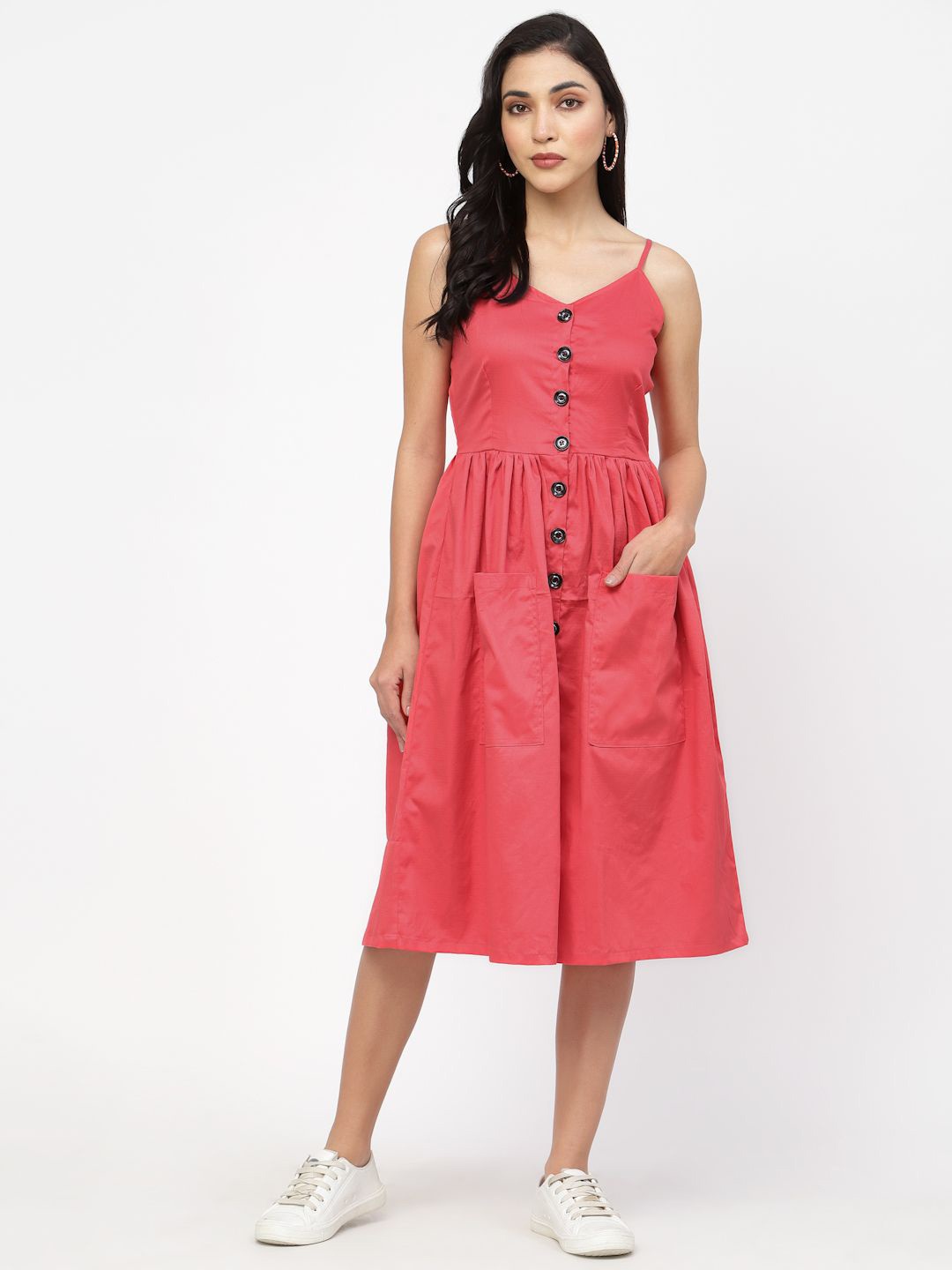 

DELIS Women Shoulder Straps Fit & Flare Midi Dress, Red