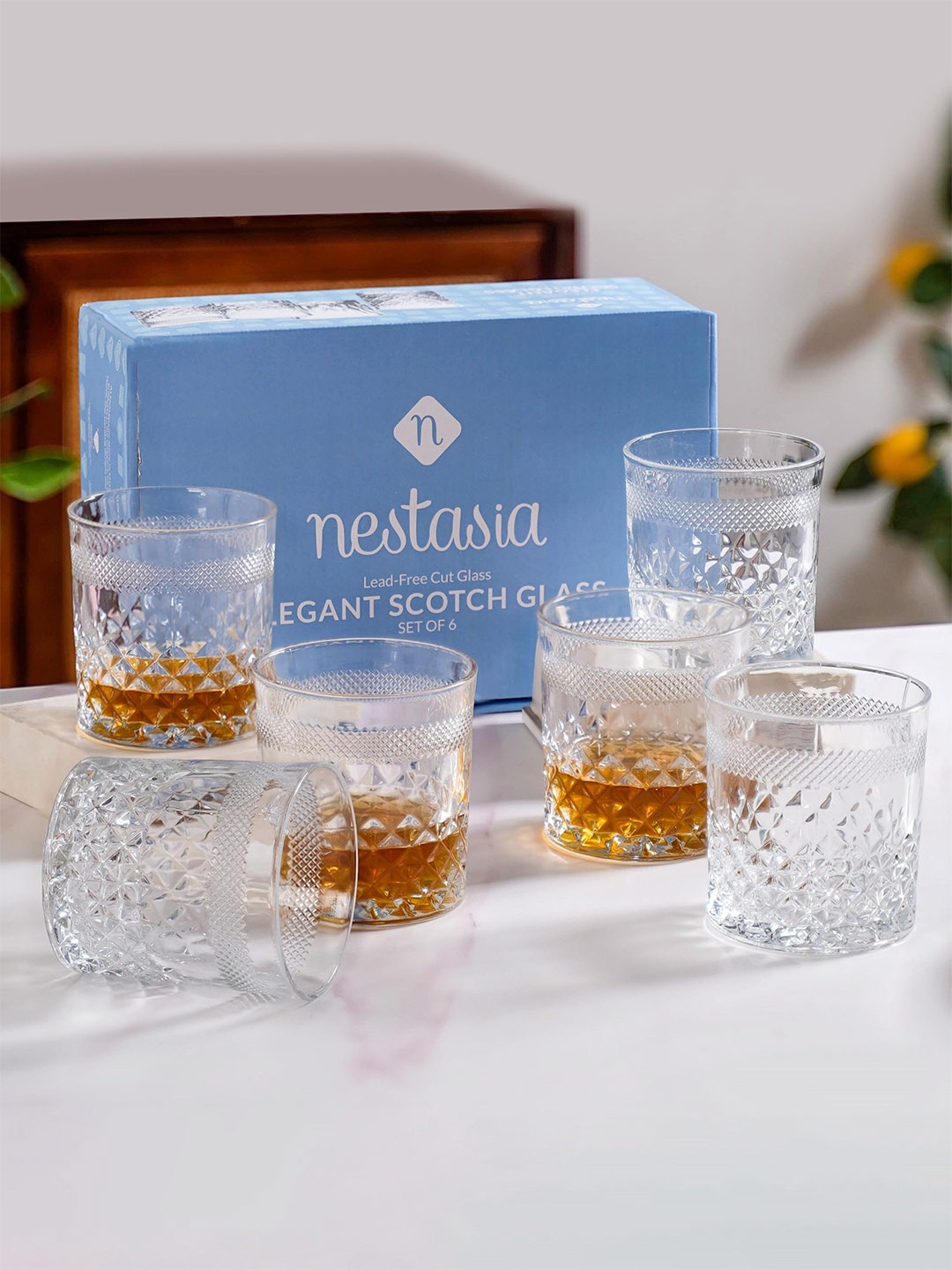 

Nestasia 6 Pieces Transparent Diamond Embossed Scotch Glass 350 ml each