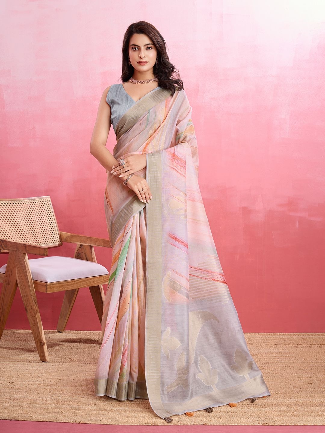 

Mitera Printed Pure Cotton Banarasi Saree, Peach