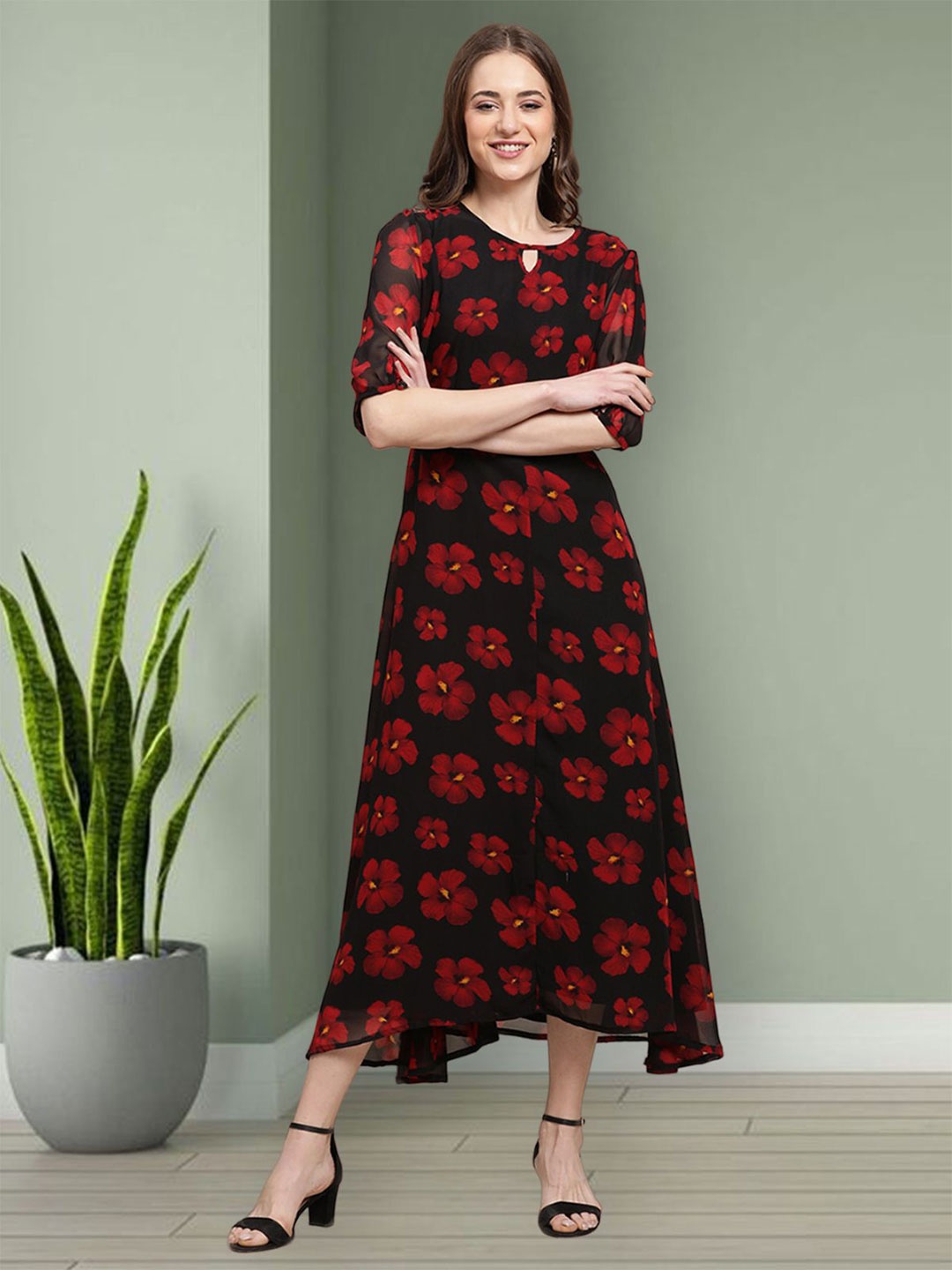 

Mast & Harbour Women Floral Print Puff Sleeve Layered Fit & Flare Midi Dress, Black