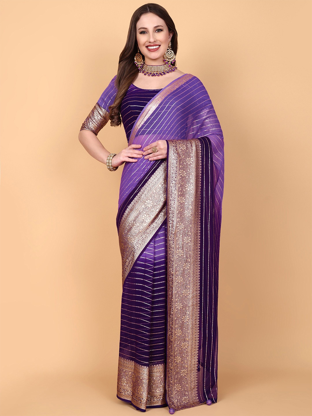 

Vastrang Striped Zari Woven Design Saree, Purple