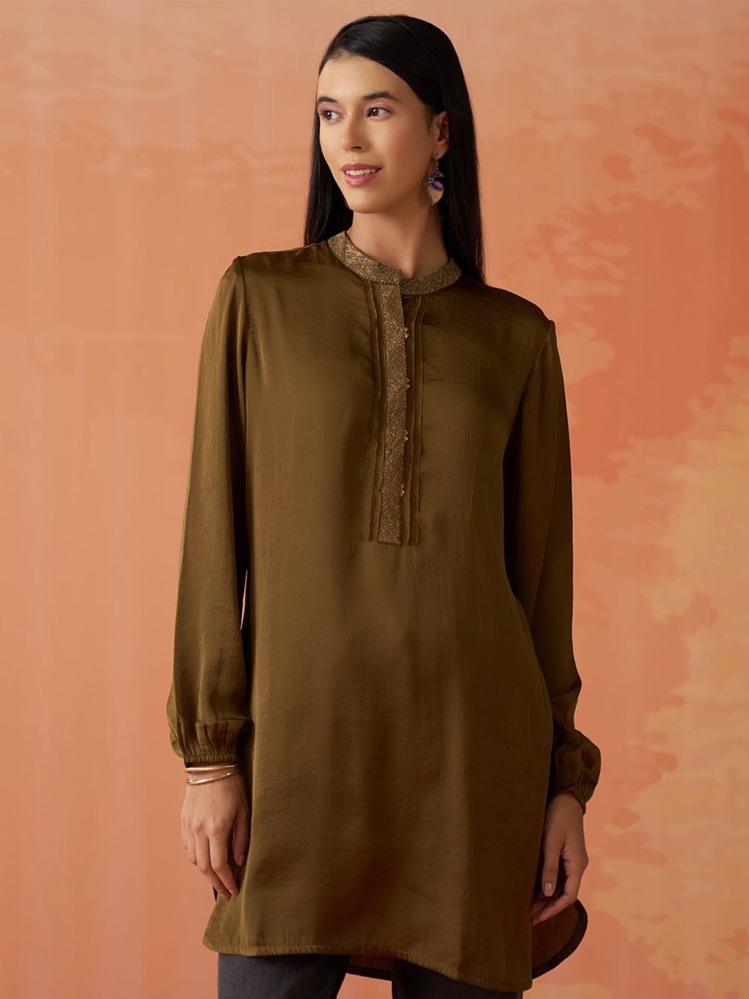 

Lakshita Women Embroidered Mandarin Collar Tunic, Olive