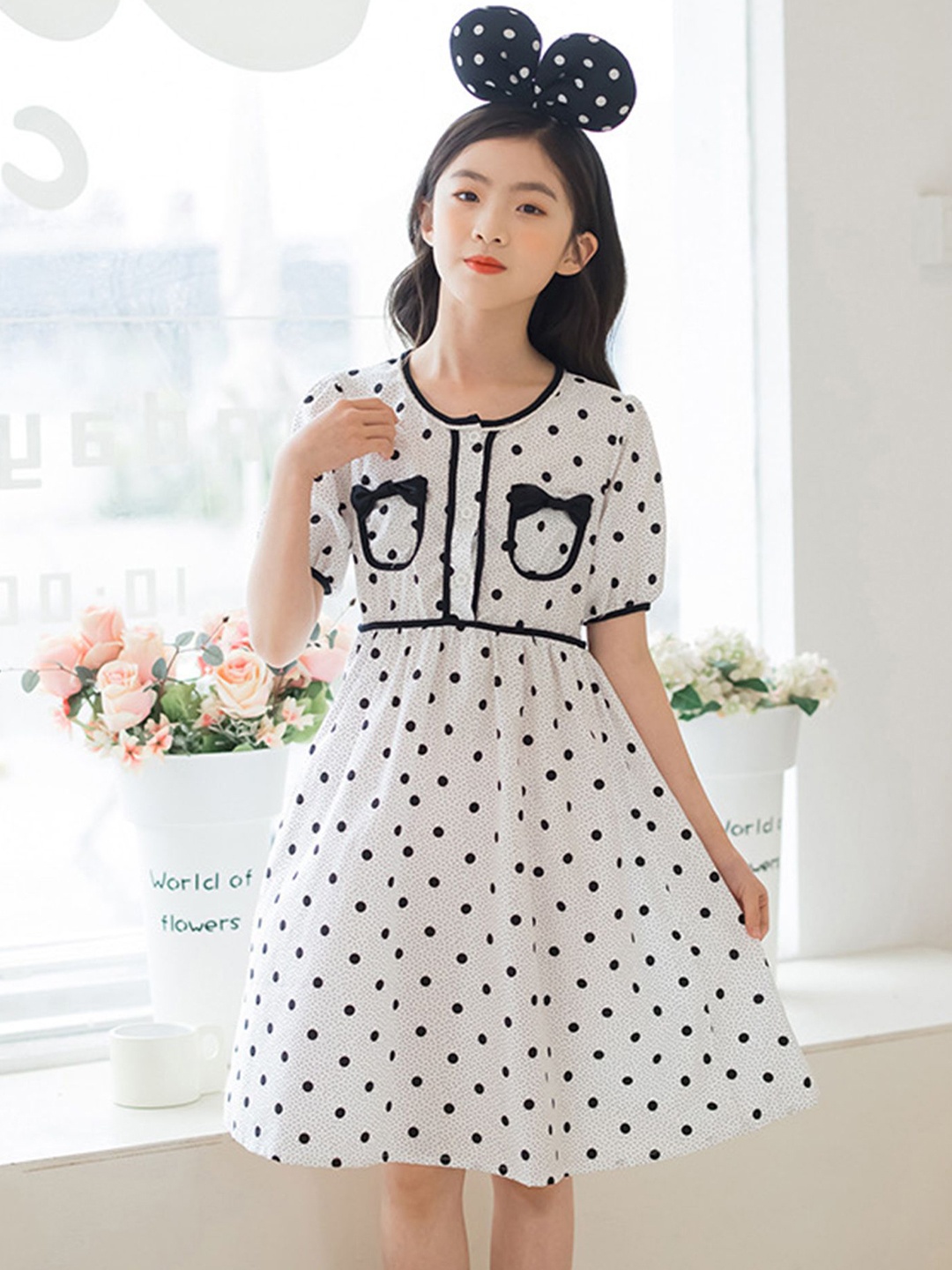 

LULU & SKY Girls Polka Dot Printed Fit & Flare Knee Length Dress, White