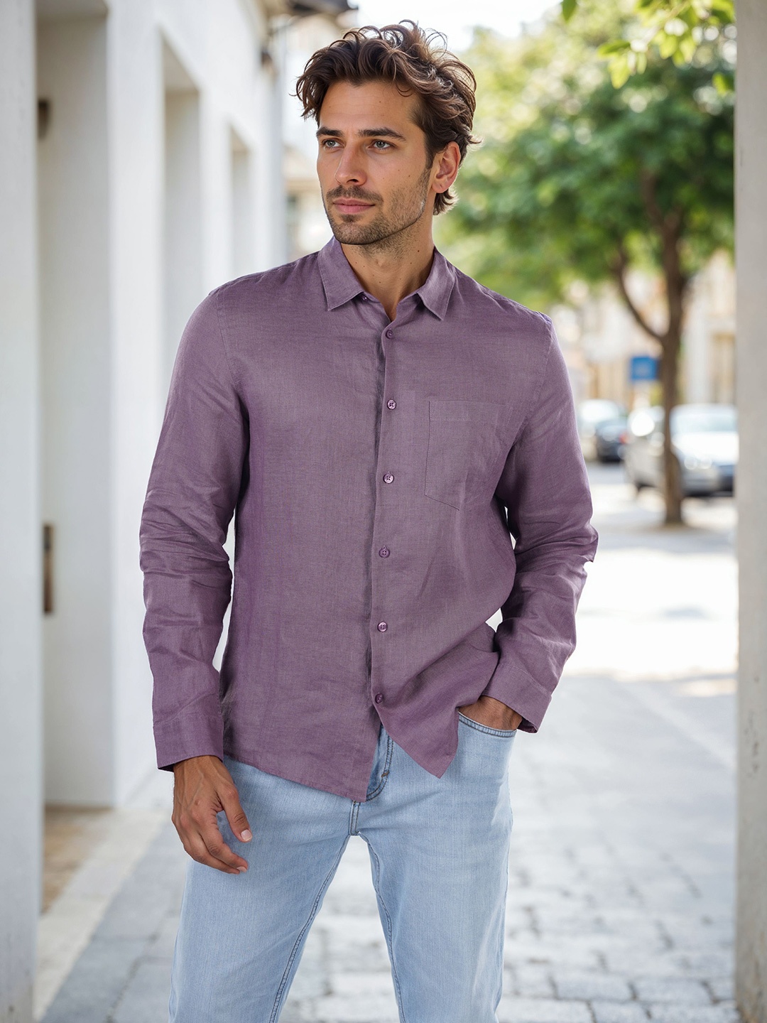 

Celio Men Classic Fit Spread Collar Solid Linen Casual Shirt, Purple