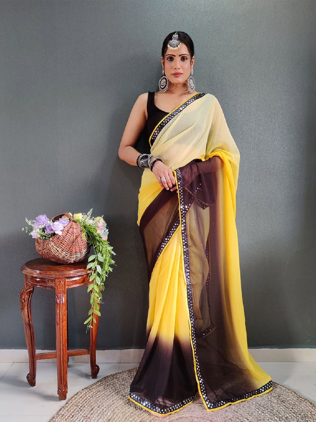 

A TO Z CART Ombre Sequinned Pure Georgette Ready to Wear Saree, Yellow