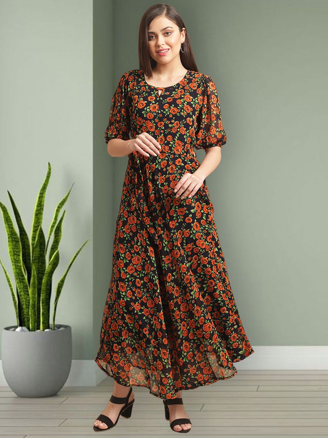 

Mast & Harbour Women Floral PrintED Puff Sleeve Fit & Flare Midi Dress, Orange