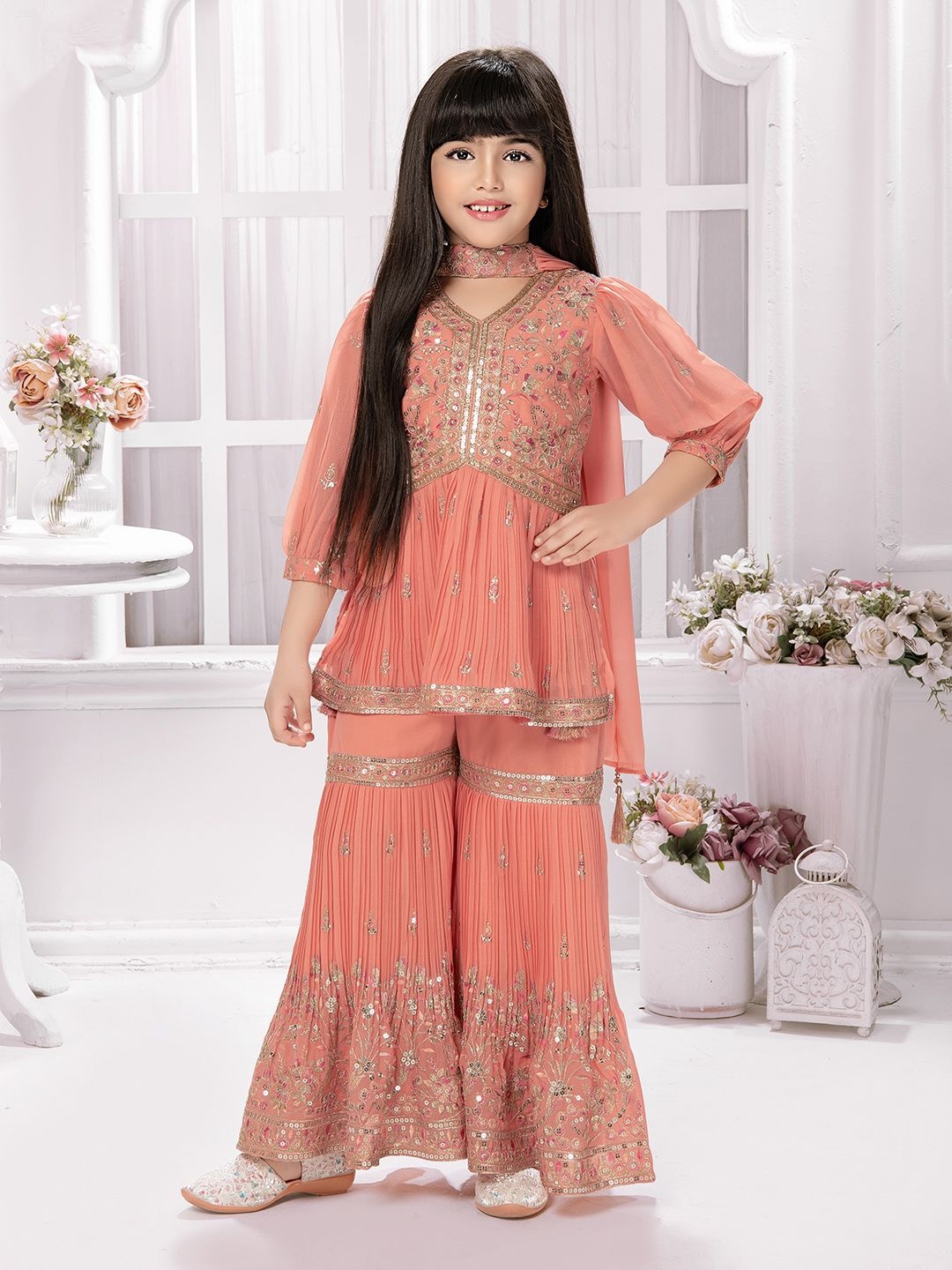 

Tiny Kingdom Girls Floral Embroidered V-Neck Empire A-Line Kurti With Sharara & Dupatta, Peach