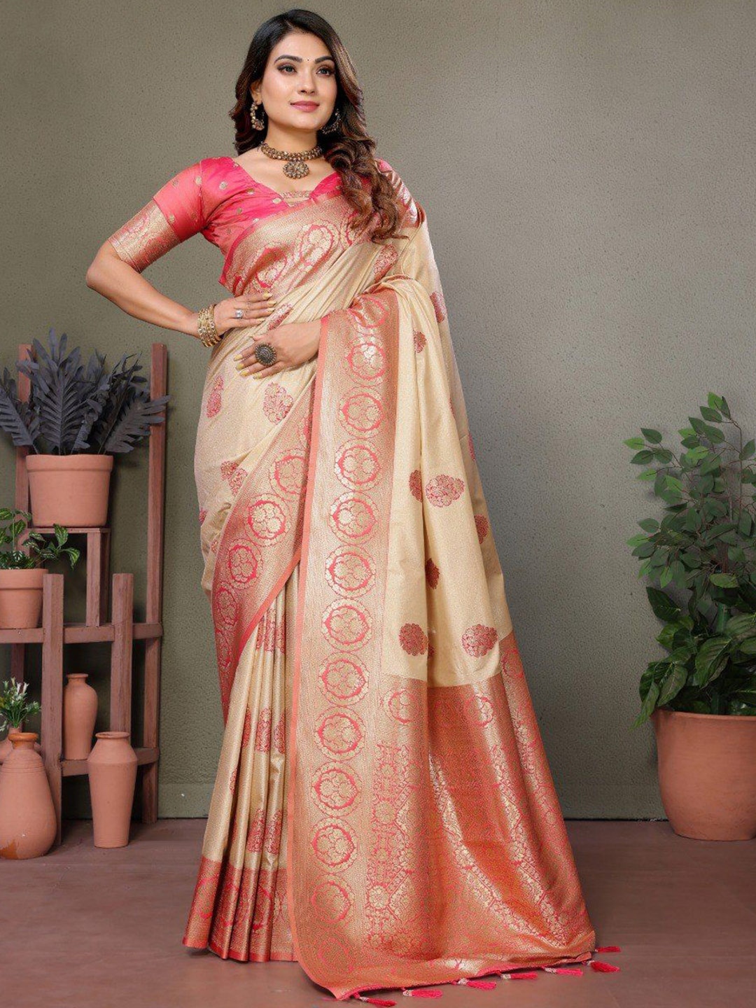 

Anaita Ethnic Motifs Woven Design Zari Banarasi Saree, Pink